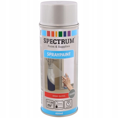LAKIER FARBA W SPRAYU Spectrum SREBRNY WYSOKI POŁYSK DIY 400 ml 918