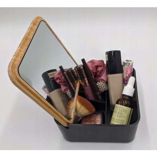 POJEMNIK ORGANIZER DO PRZECHOWYWANIA BAMBUSOWY Z LUSTERKIEM 14x14x7cm