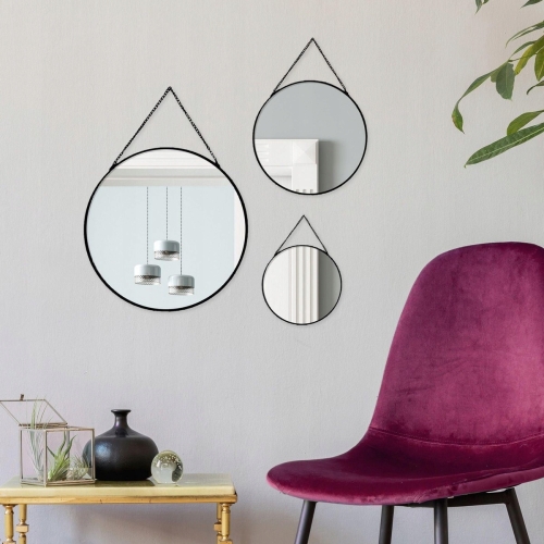 ZESTAW 3 x LUSTRO OKRĄGŁE NA ŁAŃCUSZKU DEKORACJA HOME CZARNE 247