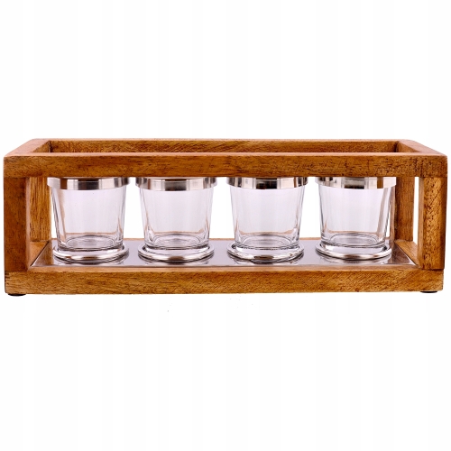 ŚWIECZNIK TEALIGHT 4 ŚWIECE Z DREWNA MANGO EFEKTOWNY 30,5 x 10 x 9,5