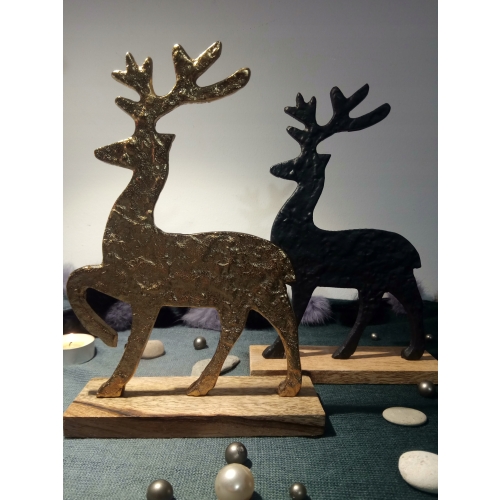 FIGURKA RENIFER CZARNA METAL DREWNO DEKORACJA ŚWIĄTECZNA GLAMOUR 22x15cm