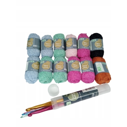 WŁÓCZKI BAWEŁNIANE ZESTAW 12 SZTUK MOTKÓW + 6 SZYDEŁEK 3-10mm RÓŻNE KOLORY