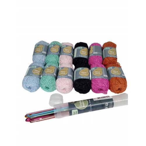 WŁÓCZKI BAWEŁNIANE ZESTAW 12 SZTUK MOTKÓW + 6 SZYDEŁEK 3-10mm RÓŻNE KOLORY