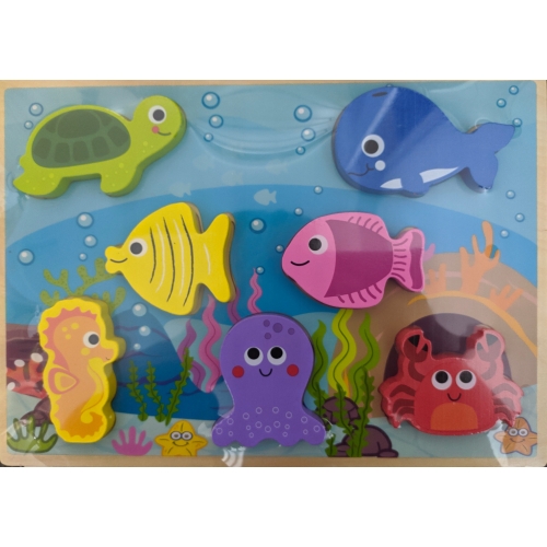 DREWNIANE PUZZLE PODWODNY ŚWIAT RYBKI KONIK MORSKI KRAB MEDUZA MINI MATTERS