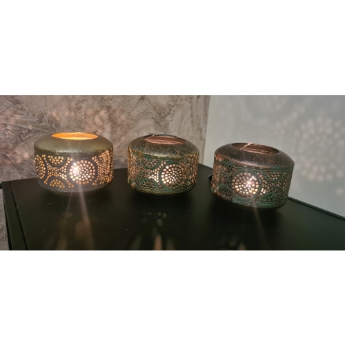 Świecznik lampion na tealighty ażurowy metalowy Glamour Srebrny Złoty Miedź