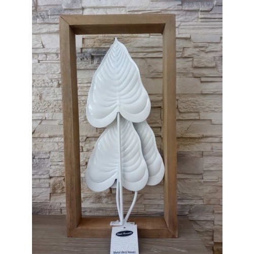 DEKORACJA METALOWA obraz rama drewno białe liście