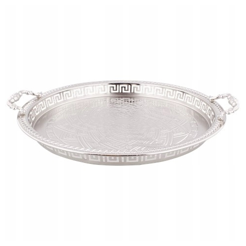 Okrągła taca ze srebrnego metalu ażurowa 32,5 cm