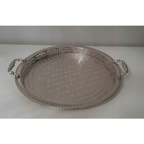 Okrągła taca ze srebrnego metalu ażurowa 32,5 cm