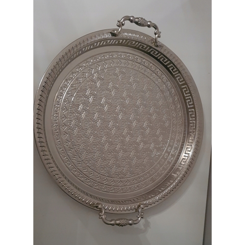 Okrągła taca ze srebrnego metalu ażurowa 32,5 cm