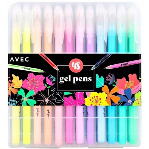 DŁUGOPISY ŻELOWE KOLOROWE BROKAT PASTEL NEON METALICZNE BOX 48 SZTUK AVEC