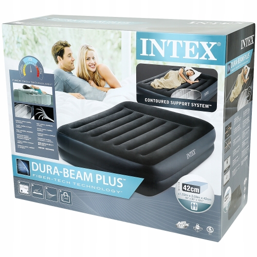 MATERAC DWUOSOBOWY MOCNY WYSOKI INTEX WELUROWY ZESTAW Z POMPĄ TŁOKOWĄ DUŻY