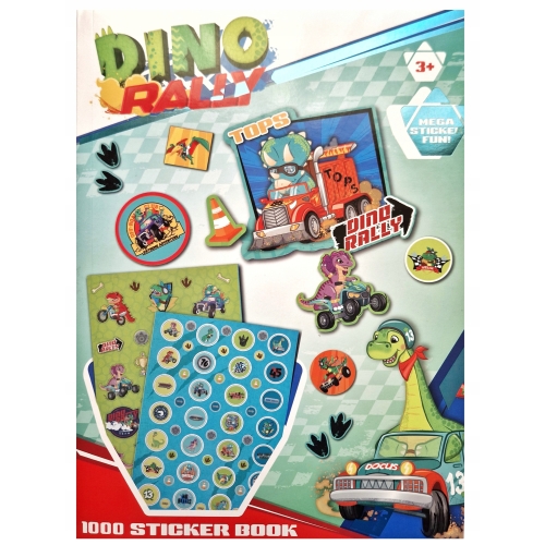 1000 sztuk mocnych naklejek w książce A4 z Dinozaurami DINO RALLY 20 stron