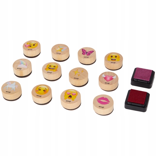 STEMPLE EMOJI PIECZĄTKI DREWNIANE ZESTAW 2 TUSZE AKCESORIA PLASTYCZNE DIY