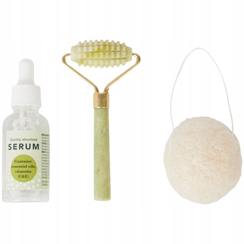 Wałek jadeitowy do pielęgnacji twarzy naturalny z serum i gabką w zestawie