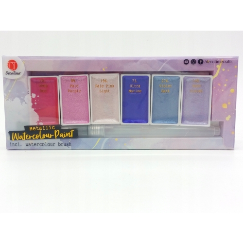 FARBY METALIZOWANE AKWARELOWE 3 x 6 = 18 szt + pędzel BRUSH firma DECO TIME