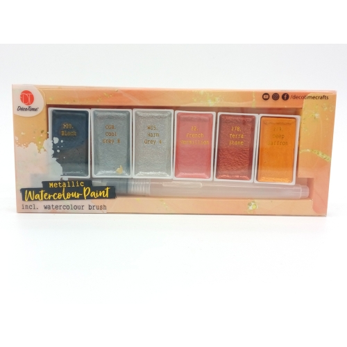 FARBY METALIZOWANE AKWARELOWE 3 x 6 = 18 szt + pędzel BRUSH firma DECO TIME