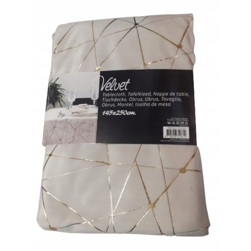 OBRUS VELVET AKSAMITNY WELUROWY GLAMOUR 145/250 CM KREMOWY WZÓR ZŁOTY STYL