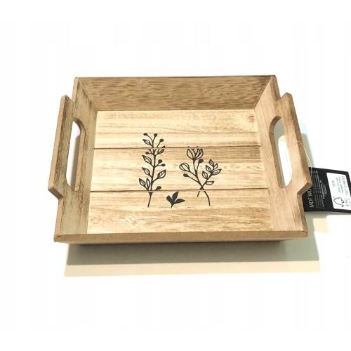 Mini taca drewniana dekoracyjna beżowa z wzorem kwadrat uchwyty 23,5 x 20cm