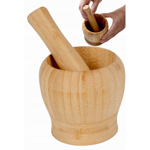 Moździerz wykonany z bambusowego solidnego drewna z tłuczkiem 9 cm Mocny