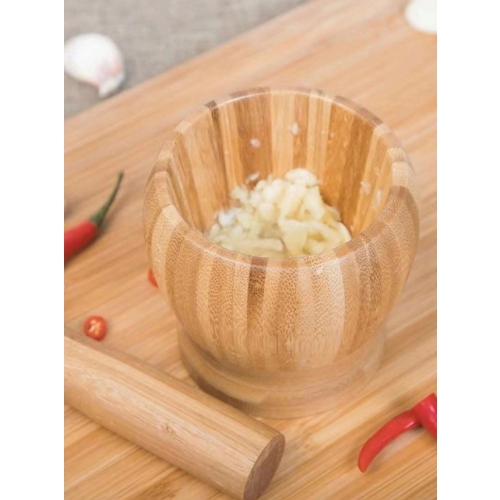Moździerz wykonany z bambusowego solidnego drewna z tłuczkiem 9 cm Mocny