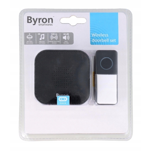 Dzwonek bezprzewodowy BYRON do drzwi furtki wybór 38 melodii 80 dB Czarny