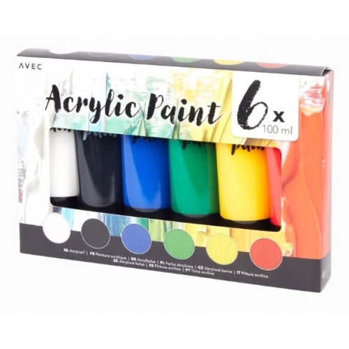 Farby akrylowe profesjonalne 6 szt. x 100 ml AVEC KOLORY PODSTAWOWE DUŻE