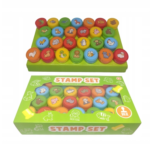 Zestaw stempli stempelki plastikowe pieczątki 26 sztuk MIX Zwierzęta 3+