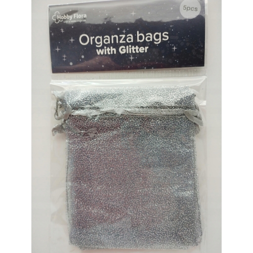 Woreczki z organzy Hobby Flora Organza Brokat brokatowe Srebrne 5 sztuk set