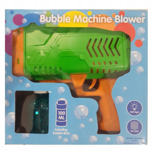 Pistolet na bańki mydlane ze światłem + płyn 100 ml 36 DYSZ ROBIĄCYCH BAŃKI