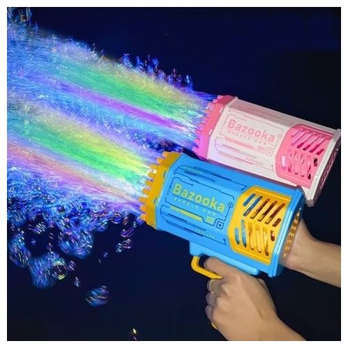 Pistolet na bańki mydlane ze światłem + płyn 100 ml 36 DYSZ ROBIĄCYCH BAŃKI