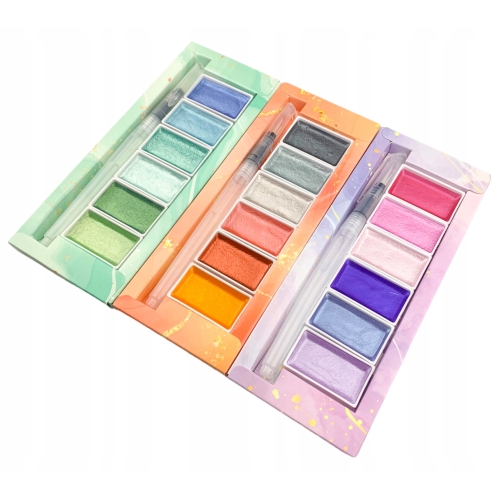 ZESTAW FARB AKWARELOWE METALICZNE WODNE ZIELEŃ FIOLET ORANGE KOLORY 18 SZT.