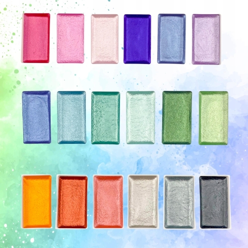 ZESTAW FARB AKWARELOWE METALICZNE WODNE ZIELEŃ FIOLET ORANGE KOLORY 18 SZT.