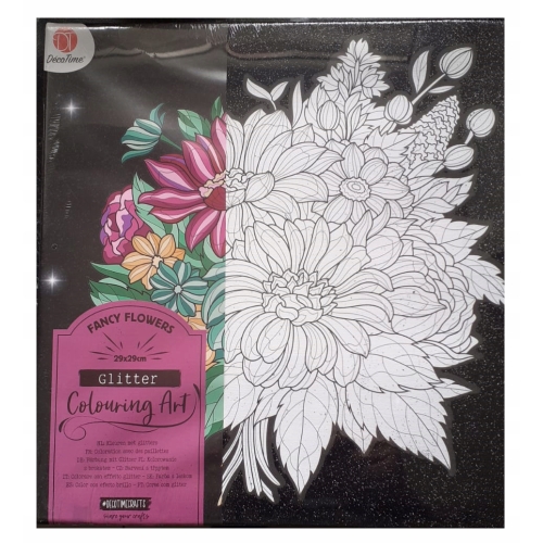 PŁÓTNO Z PRINTEM KWIATOWYM Z BROKATEM 29x29 W KOLORZE CZARNYM DUŻY flowers