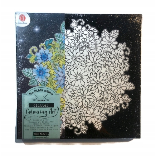 PŁÓTNO Z PRINTEM KWIATOWYM Z BROKATEM 29x29 W KOLORZE CZARNYM DUŻY flowers