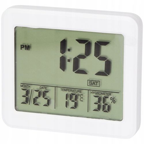 TERMOMETR HIGROMETR WEWNĘTRZNY NOR-TEC ZEGAREK DATA MAGNES LCD BIAŁY MAGNES