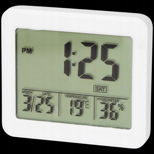 TERMOMETR HIGROMETR WEWNĘTRZNY NOR-TEC ZEGAREK DATA MAGNES LCD BIAŁY MAGNES