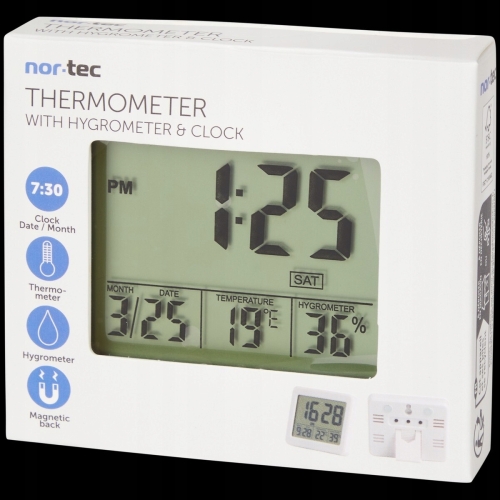 TERMOMETR HIGROMETR WEWNĘTRZNY NOR-TEC ZEGAREK DATA MAGNES LCD BIAŁY MAGNES