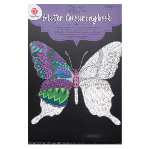 Brokatowa kolorowanka A4 z czarnym tłem DecoTime 24 arkuszy 21x30 cm MOTYL