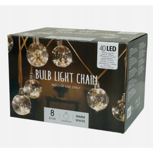 GIRLANDA Łańcuch świetlny żarówki 8 kul 40 LED Białe Ciepłe na baterie