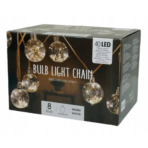 GIRLANDA Łańcuch świetlny żarówki 8 kul 40 LED Białe Ciepłe na baterie