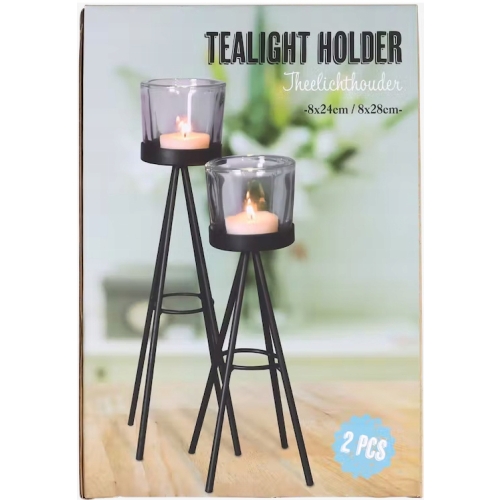 Świecznik na tealighty 24 cm CZARNY mat LOFT METALOWY SZKLANY 2 sztuki