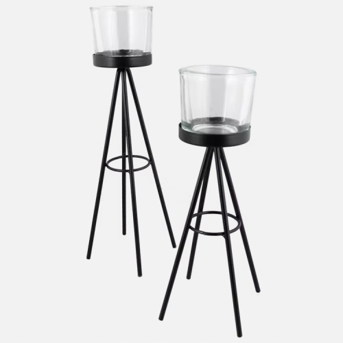Świecznik na tealighty 24 cm CZARNY mat LOFT METALOWY SZKLANY 2 sztuki