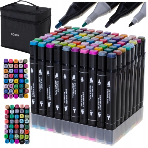 MARKERY DWUSTRONNE ALKOHOLOWE 80 sztuk + podstawka W ETUI z uchwytem
