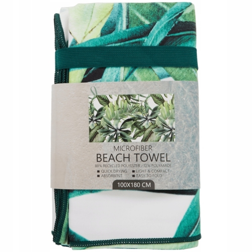 Kompaktowy ręcznik plażowy z mikrofibry 100cm x 180cm zielone ładne liście