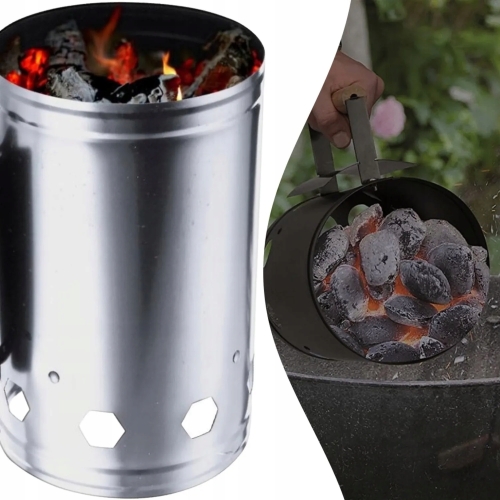 KOMIN DO ROZPALANIA WĘGLA GRILLA OGNISKA KOMINKA BBQ DUŻY SREBRNY WYDAJNY