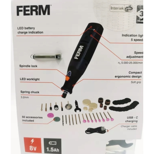 SZLIFIERKA WIELOFUNKCYJNA FERM AKUMULATOROWA 8 V CTM1024 USB 50 ELEMENTÓW