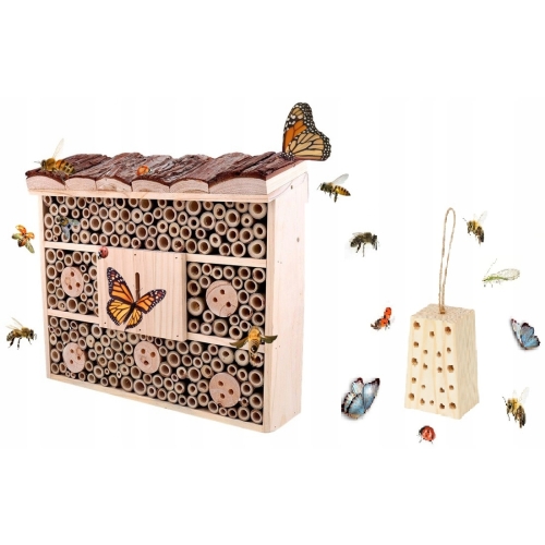 BUDKA LĘGOWA DOMEK HOTEL MOTYLI Z KORĄ + KLOCEK DLA OWADÓW TRAPEZ Z DREWNA