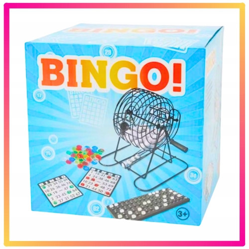 BINGO TOWARZYSKA LOSOWA GRA RODZINNA 18 kart 75 kulek METALOWY DUŻY BĘBEN