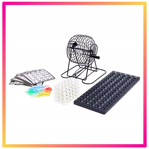 BINGO TOWARZYSKA LOSOWA GRA RODZINNA 18 kart 75 kulek METALOWY DUŻY BĘBEN