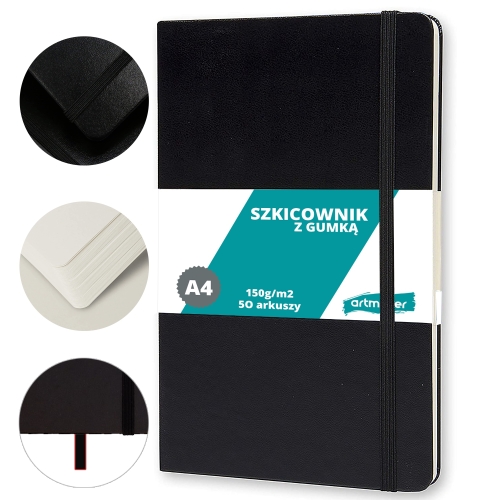 Szkicownik A4 w twardej oprawie z gumką 50 ark wysoka gramatura 150g czarny